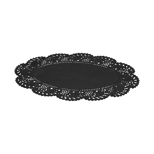 Pastry Tek Oval Black Paper Doilies - Lace - 10 1/2" x 6 1/2" - 4000 count box