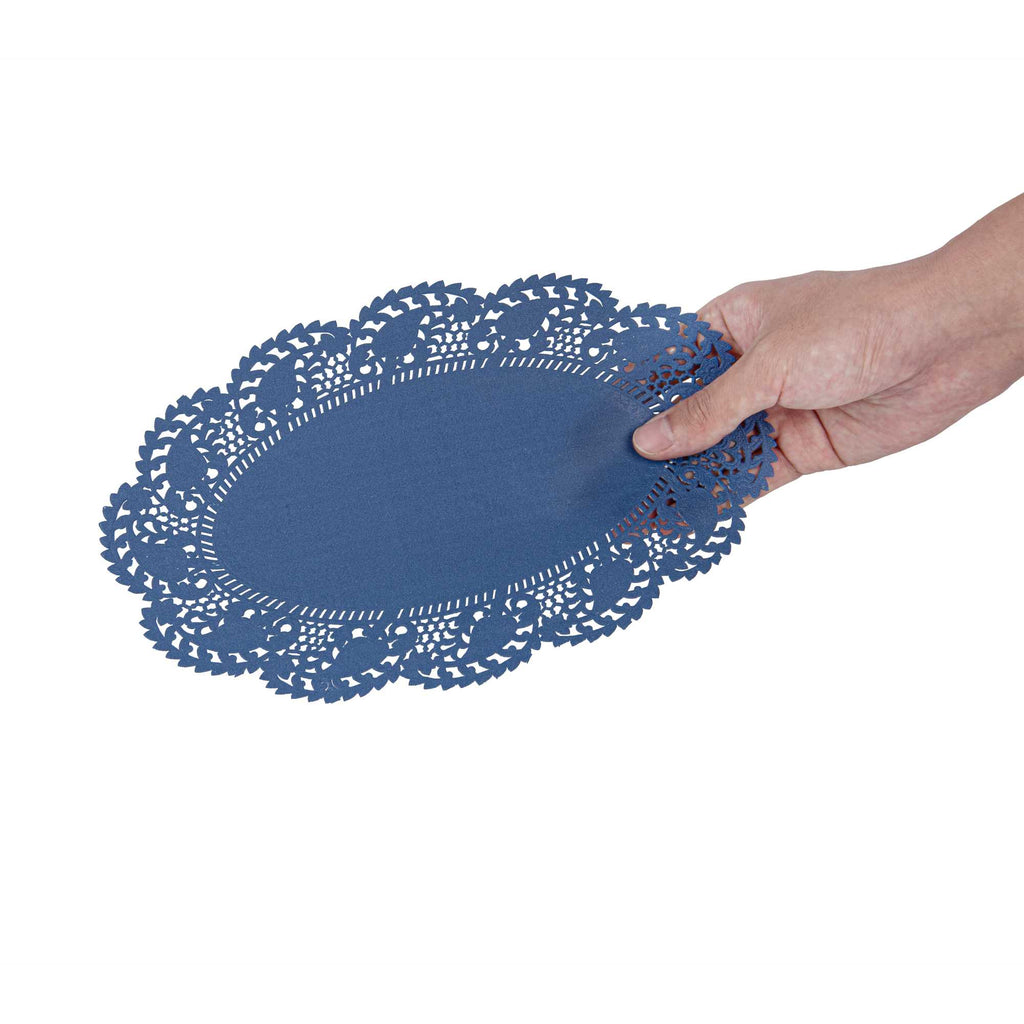 Pastry Tek Oval Navy Blue Paper Doilies - Lace - 10 1/2" x 6 1/2" - 4000 count box