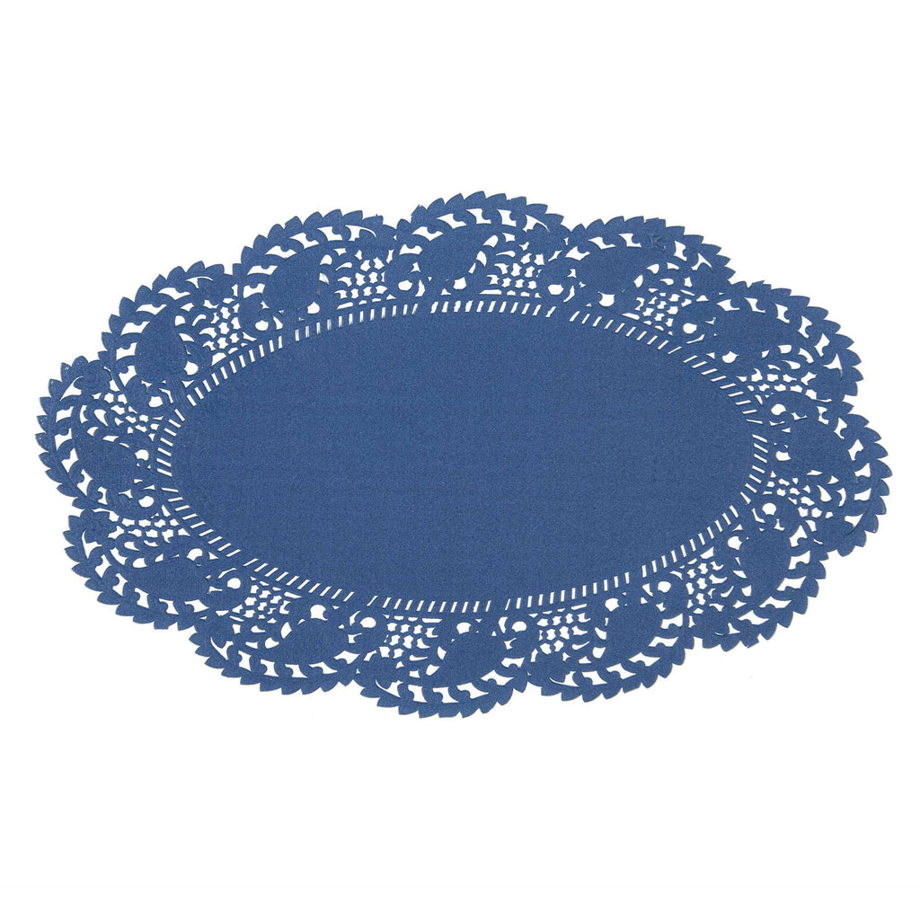 Pastry Tek Oval Navy Blue Paper Doilies - Lace - 10 1/2" x 6 1/2" - 4000 count box