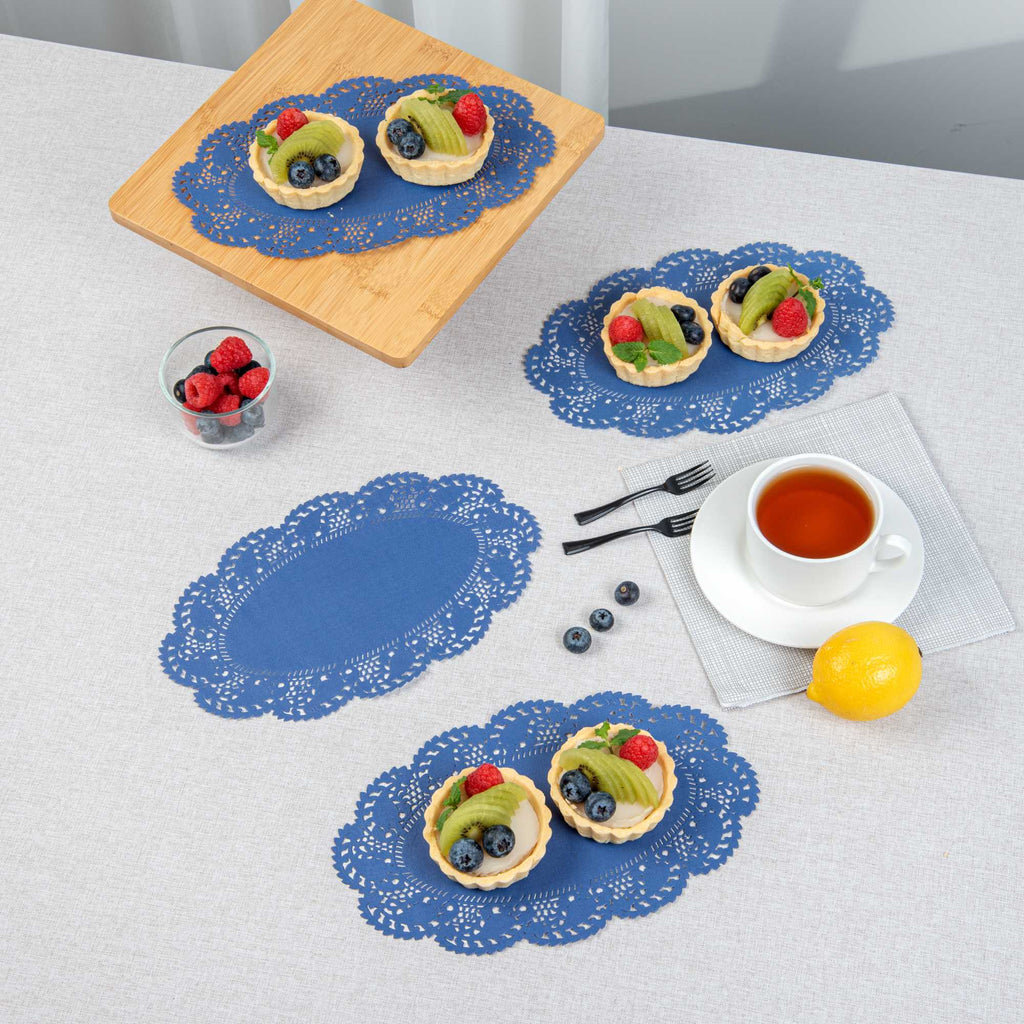 Pastry Tek Oval Navy Blue Paper Doilies - Lace - 10 1/2" x 6 1/2" - 4000 count box
