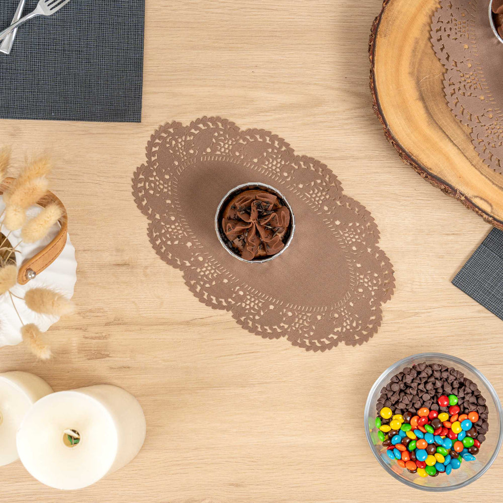 Pastry Tek Oval Brown Paper Doilies - Lace - 10 1/2" x 6 1/2" - 100 count box