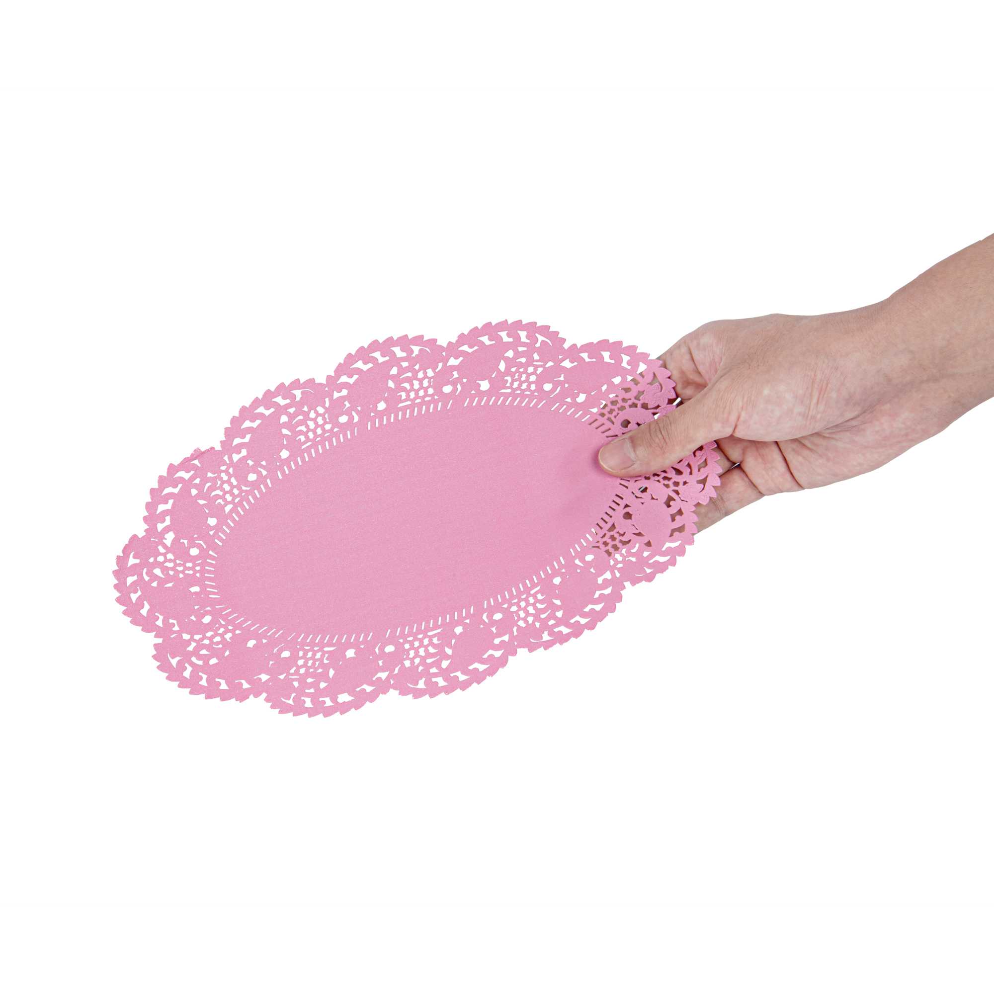 Pastry Tek Oval Pink Paper Doilies - Lace - 10 1/2" x 6 1/2" - 100 count box
