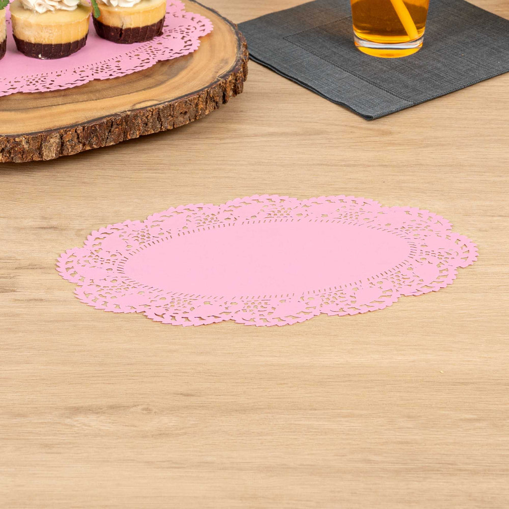 Pastry Tek Oval Pink Paper Doilies - Lace - 10 1/2" x 6 1/2" - 4000 count box