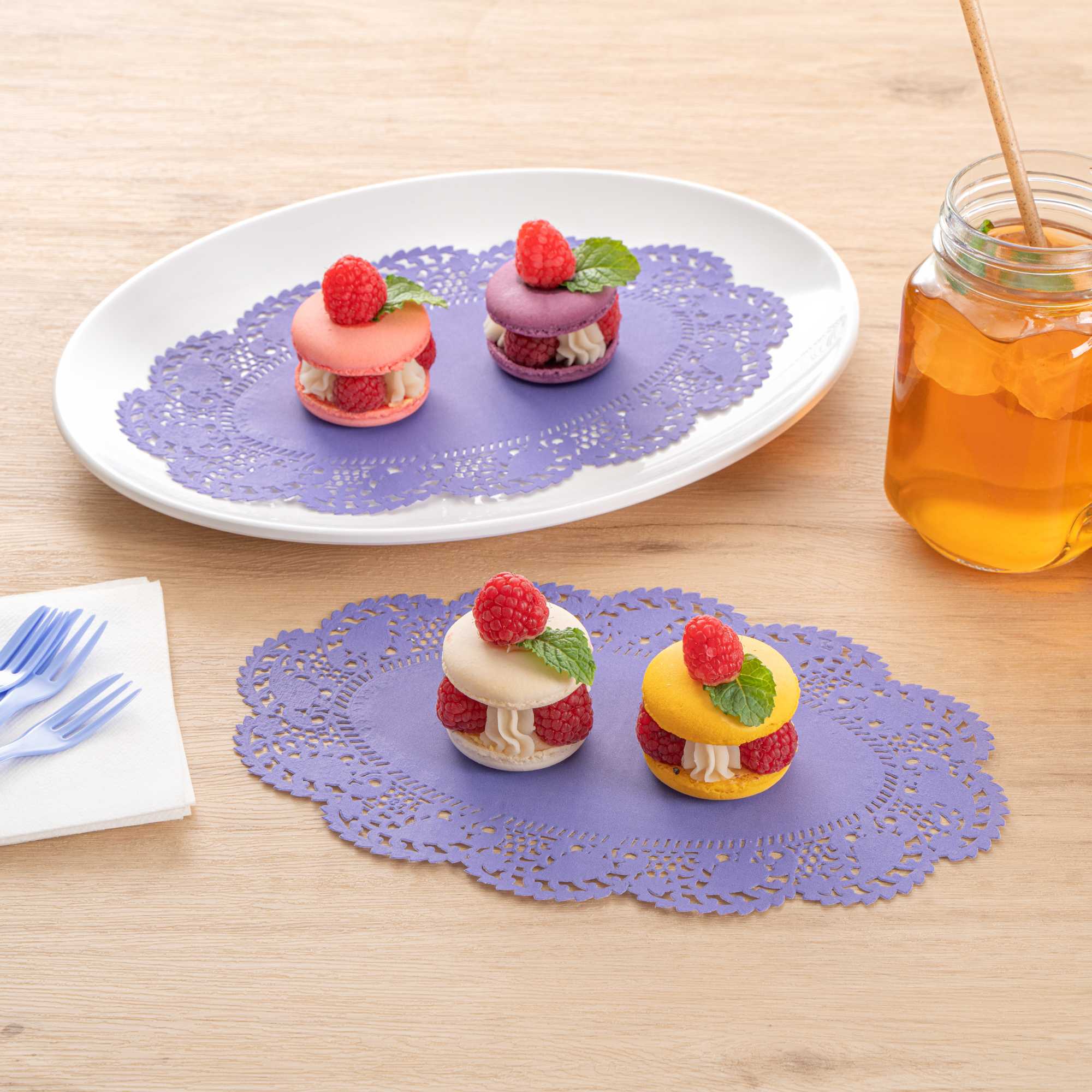 Pastry Tek Oval Purple Paper Doilies - Lace - 10 1/2" x 6 1/2" - 100 count box
