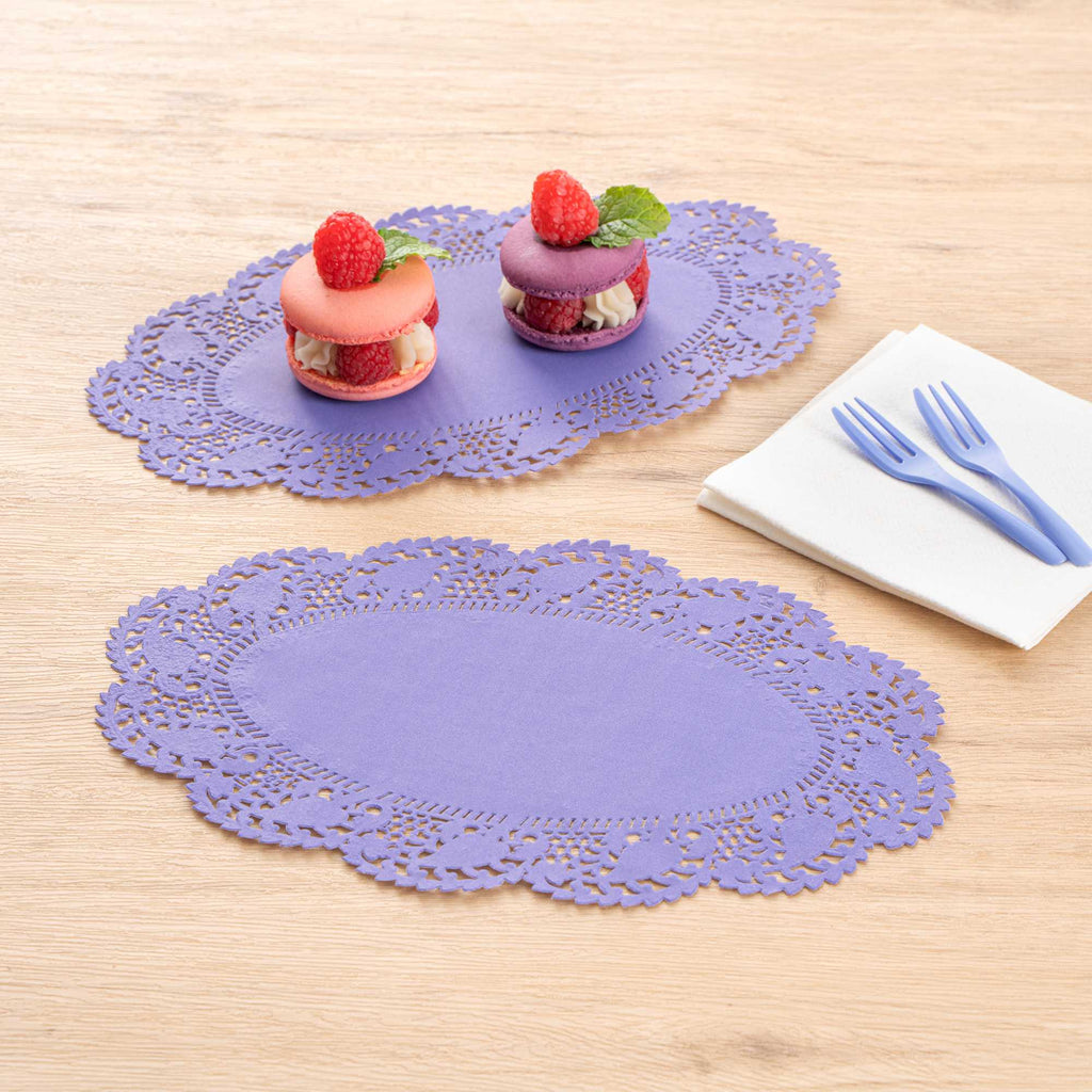 Pastry Tek Oval Purple Paper Doilies - Lace - 10 1/2" x 6 1/2" - 100 count box