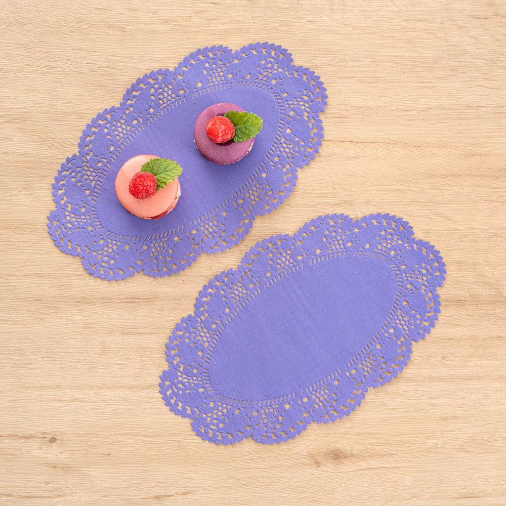 Pastry Tek Oval Purple Paper Doilies - Lace - 10 1/2" x 6 1/2" - 100 count box