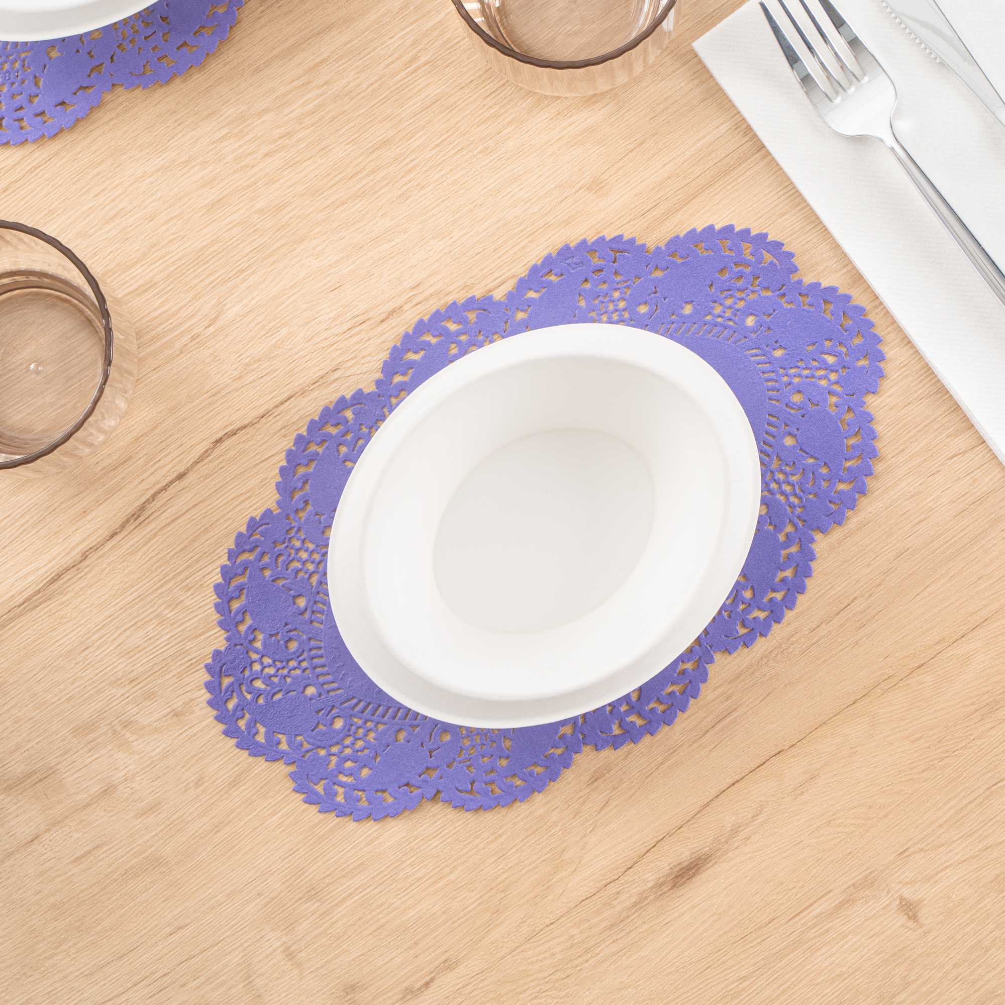 Pastry Tek Oval Purple Paper Doilies - Lace - 10 1/2" x 6 1/2" - 100 count box