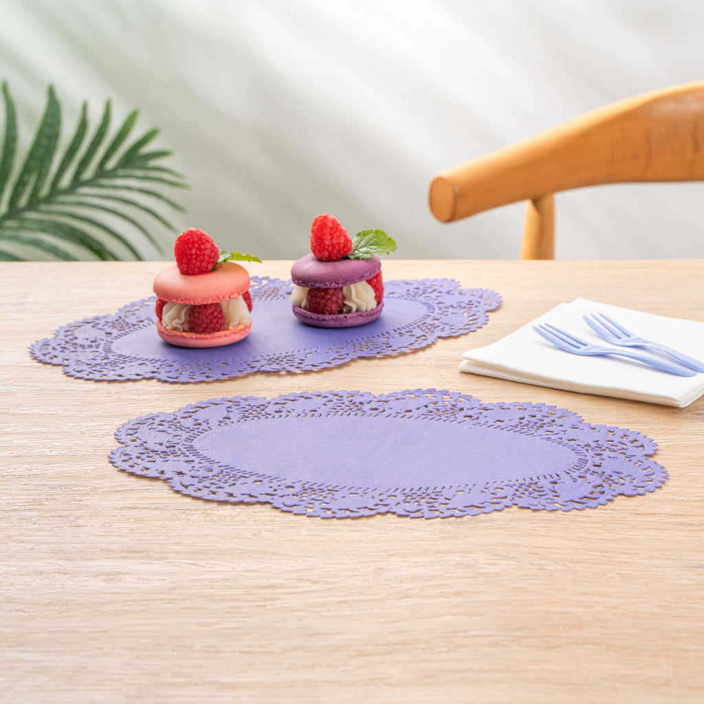 Pastry Tek Oval Purple Paper Doilies - Lace - 10 1/2" x 6 1/2" - 4000 count box