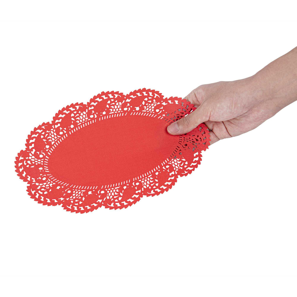 Pastry Tek Oval Red Paper Doilies - Lace - 10 1/2" x 6 1/2" - 100 count box