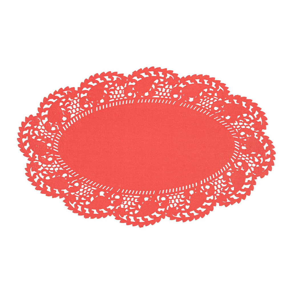 Pastry Tek Oval Red Paper Doilies - Lace - 10 1/2" x 6 1/2" - 100 count box