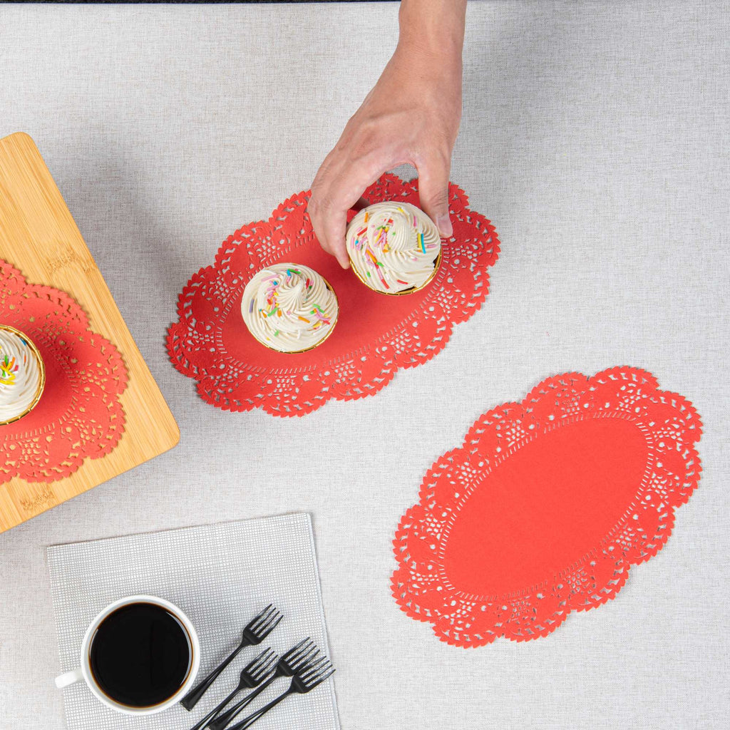 Pastry Tek Oval Red Paper Doilies - Lace - 10 1/2" x 6 1/2" - 100 count box