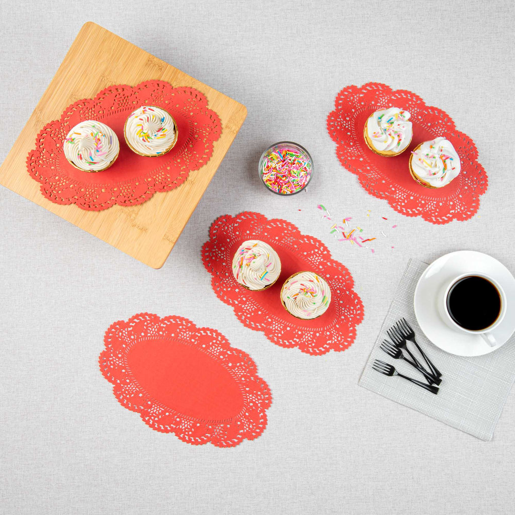 Pastry Tek Oval Red Paper Doilies - Lace - 10 1/2" x 6 1/2" - 4000 count box
