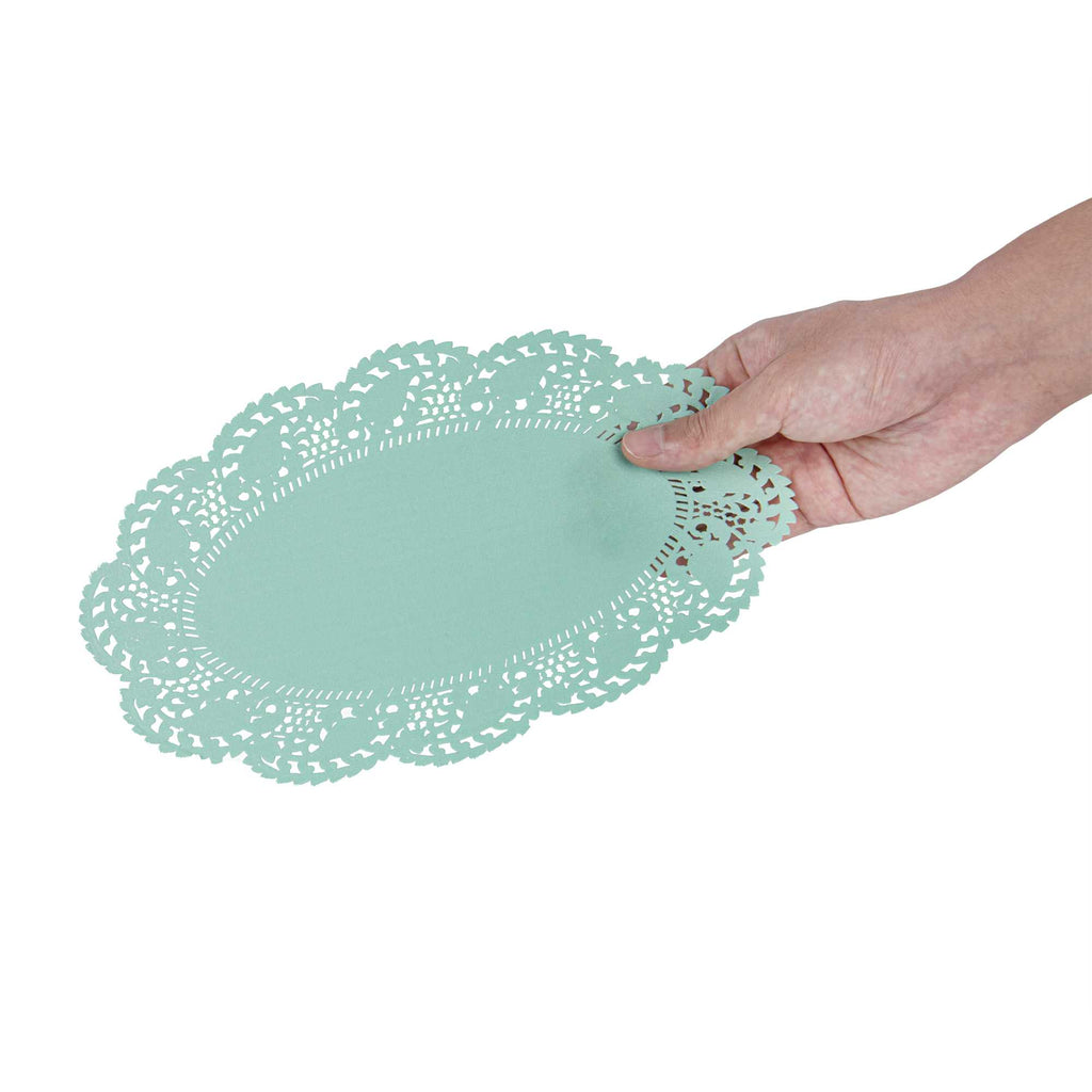 Pastry Tek Oval Teal Paper Doilies - Lace - 10 1/2" x 6 1/2" - 100 count box