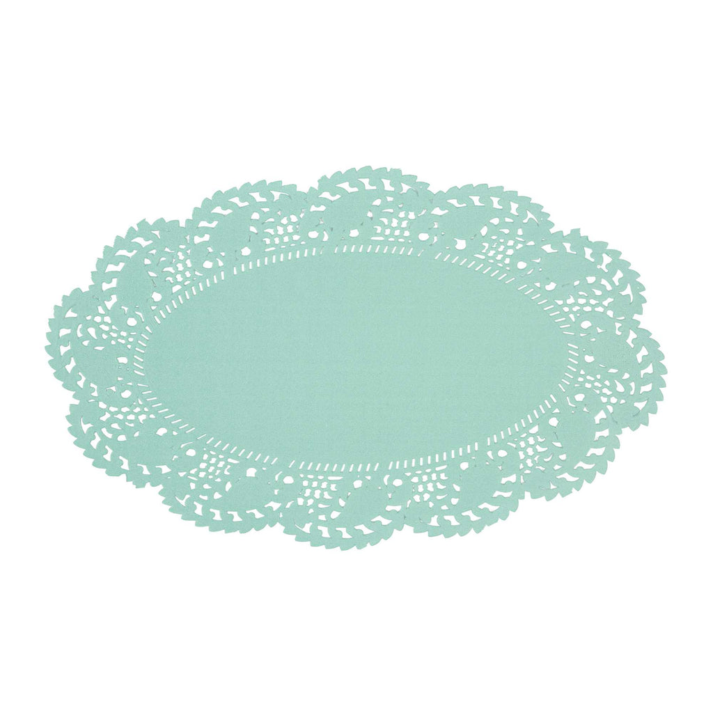 Pastry Tek Oval Teal Paper Doilies - Lace - 10 1/2" x 6 1/2" - 100 count box