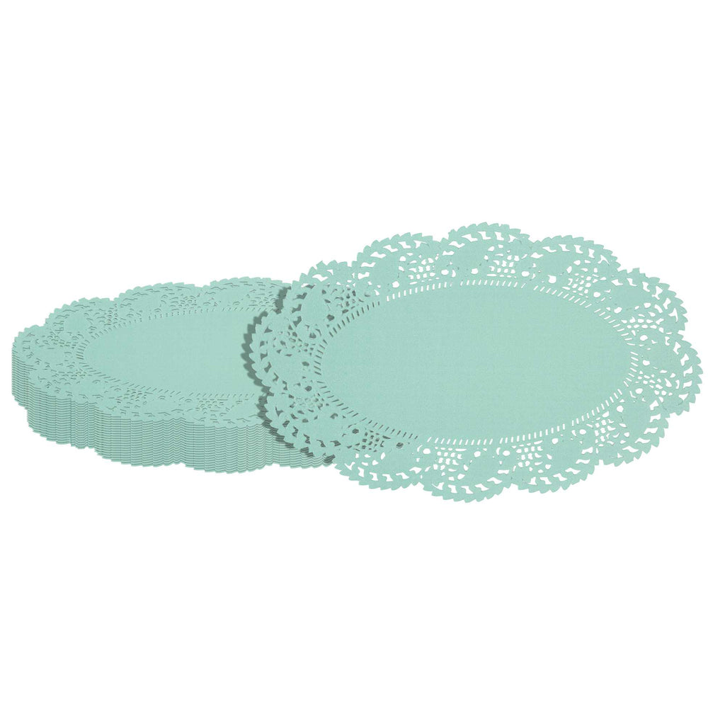 Pastry Tek Oval Teal Paper Doilies - Lace - 10 1/2" x 6 1/2" - 4000 count box