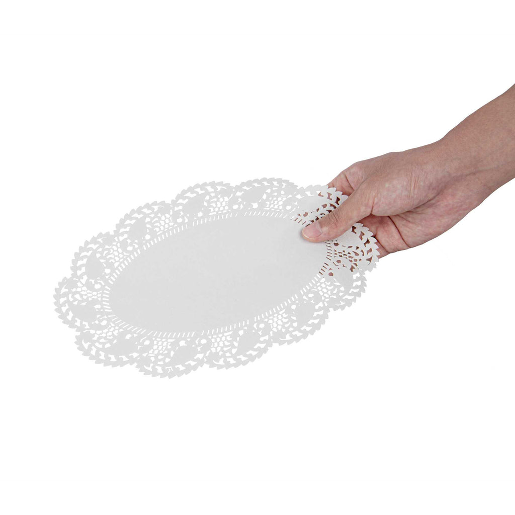 Pastry Tek Oval White Paper Doilies - Lace - 10 1/2" x 6 1/2" - 100 count box