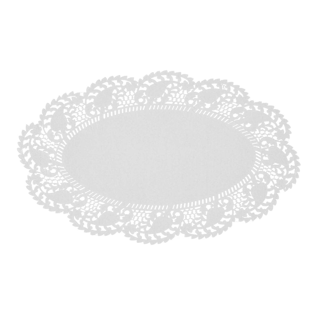 Pastry Tek Oval White Paper Doilies - Lace - 10 1/2" x 6 1/2" - 100 count box