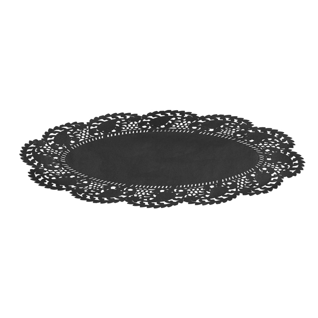 Pastry Tek Oval Black Paper Doilies - Lace - 12 1/2" x 8 1/2" - 4000 count box
