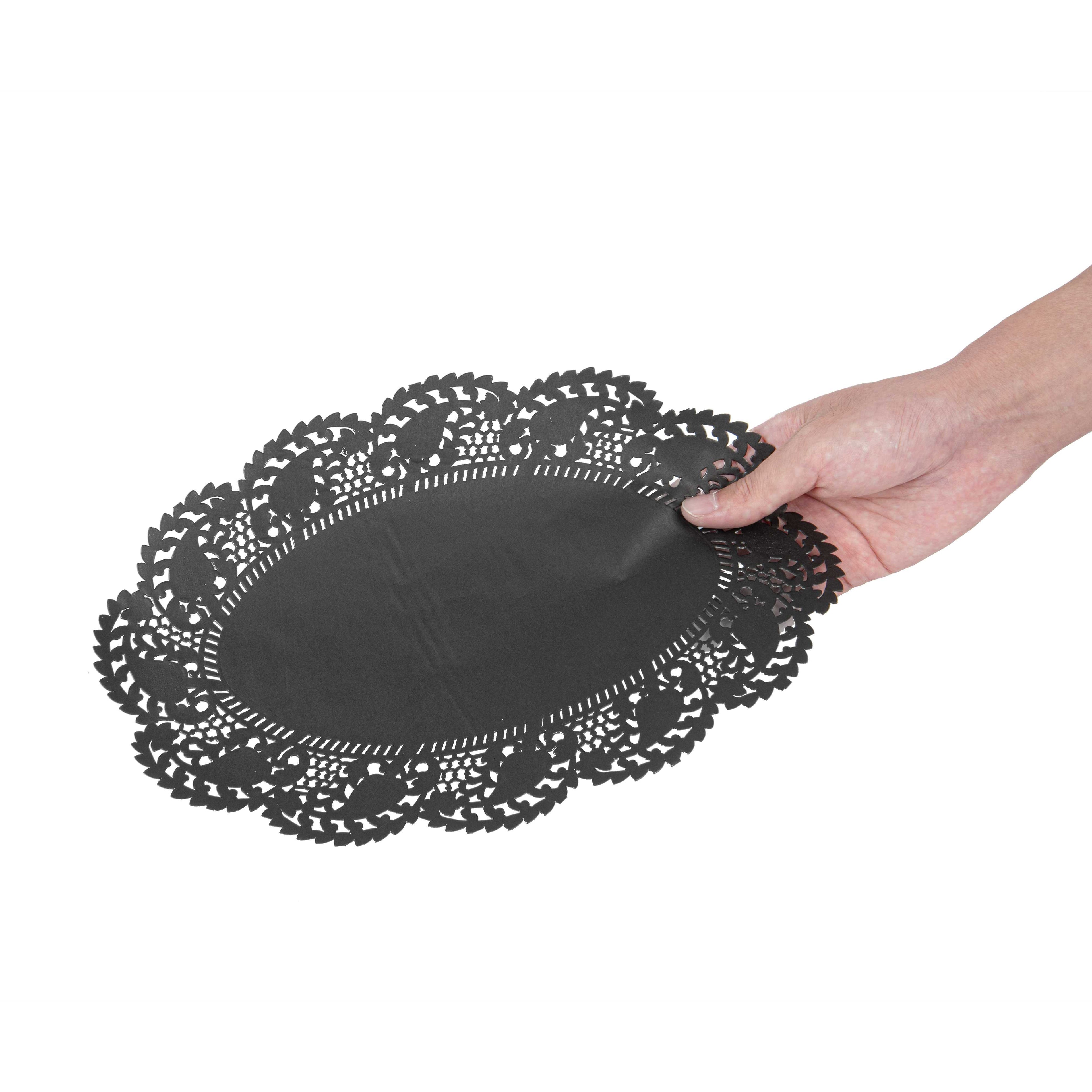 Pastry Tek Oval Black Paper Doilies - Lace - 12 1/2" x 8 1/2" - 100 count box