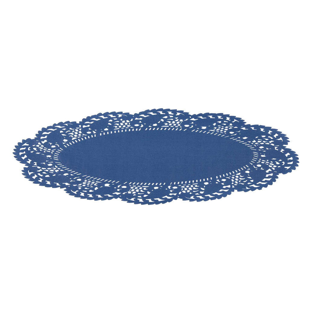 Pastry Tek Oval Navy Blue Paper Doilies - Lace - 12 1/2" x 8 1/2" - 100 count box
