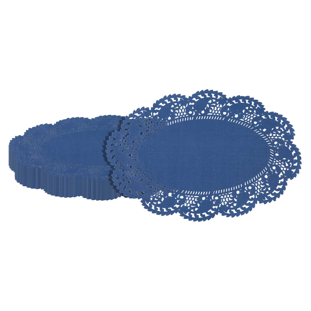 Pastry Tek Oval Navy Blue Paper Doilies - Lace - 12 1/2" x 8 1/2" - 100 count box