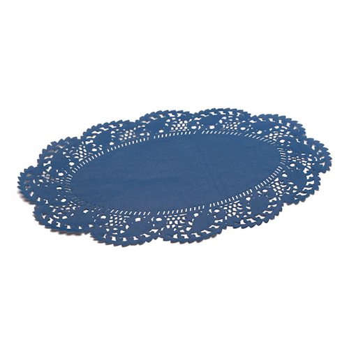 Pastry Tek Oval Navy Blue Paper Doilies - Lace - 12 1/2" x 8 1/2" - 100 count box