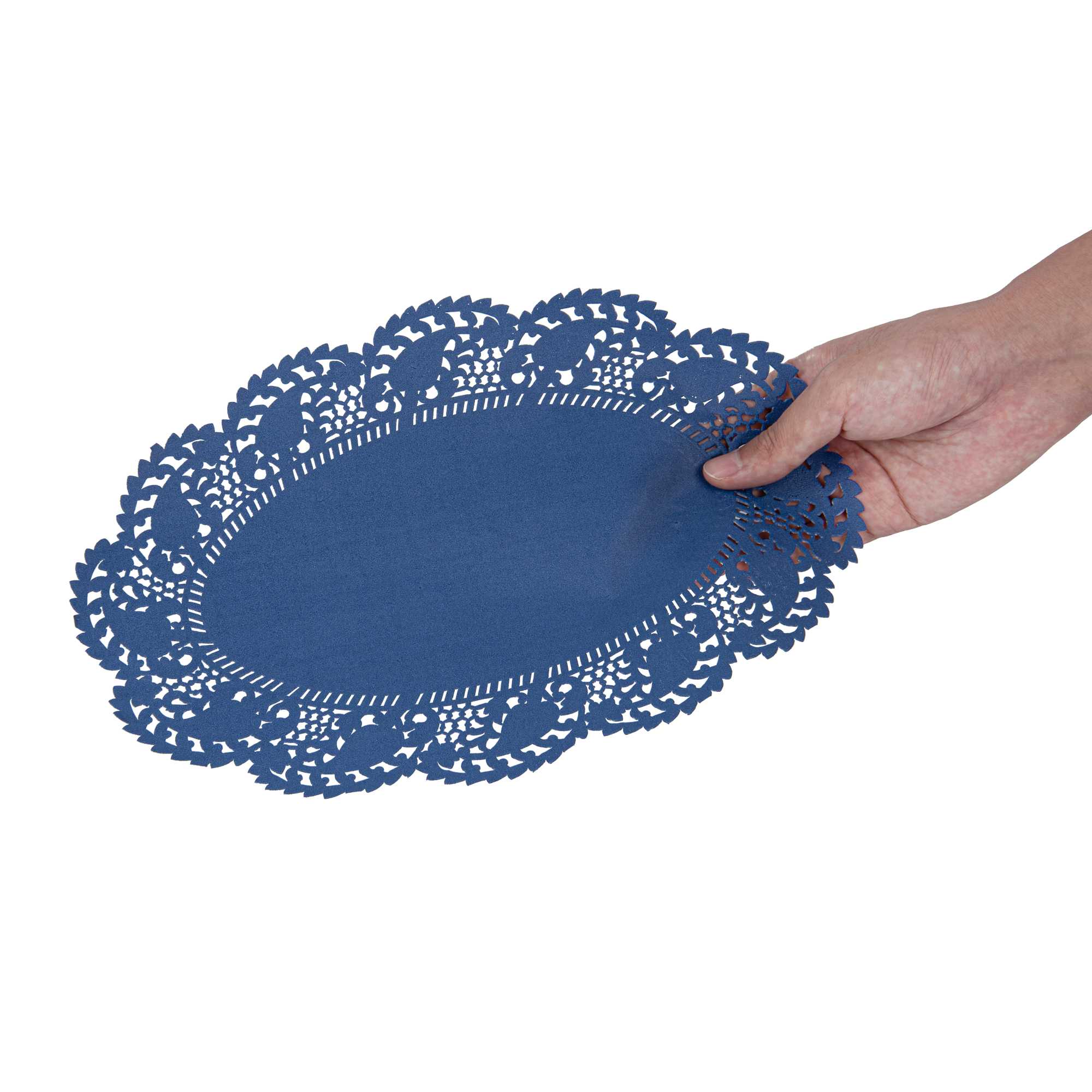 Pastry Tek Oval Navy Blue Paper Doilies - Lace - 12 1/2" x 8 1/2" - 4000 count box