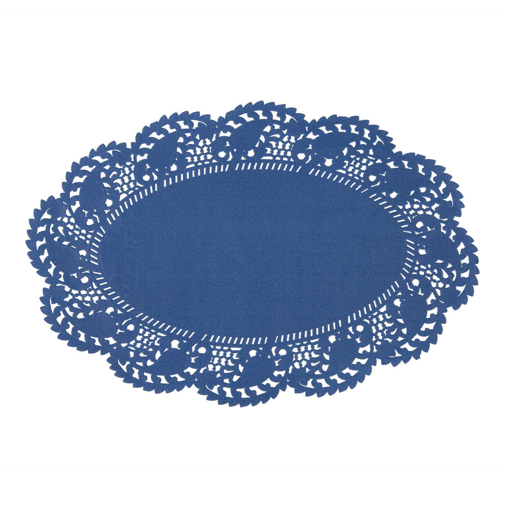 Pastry Tek Oval Navy Blue Paper Doilies - Lace - 12 1/2" x 8 1/2" - 4000 count box