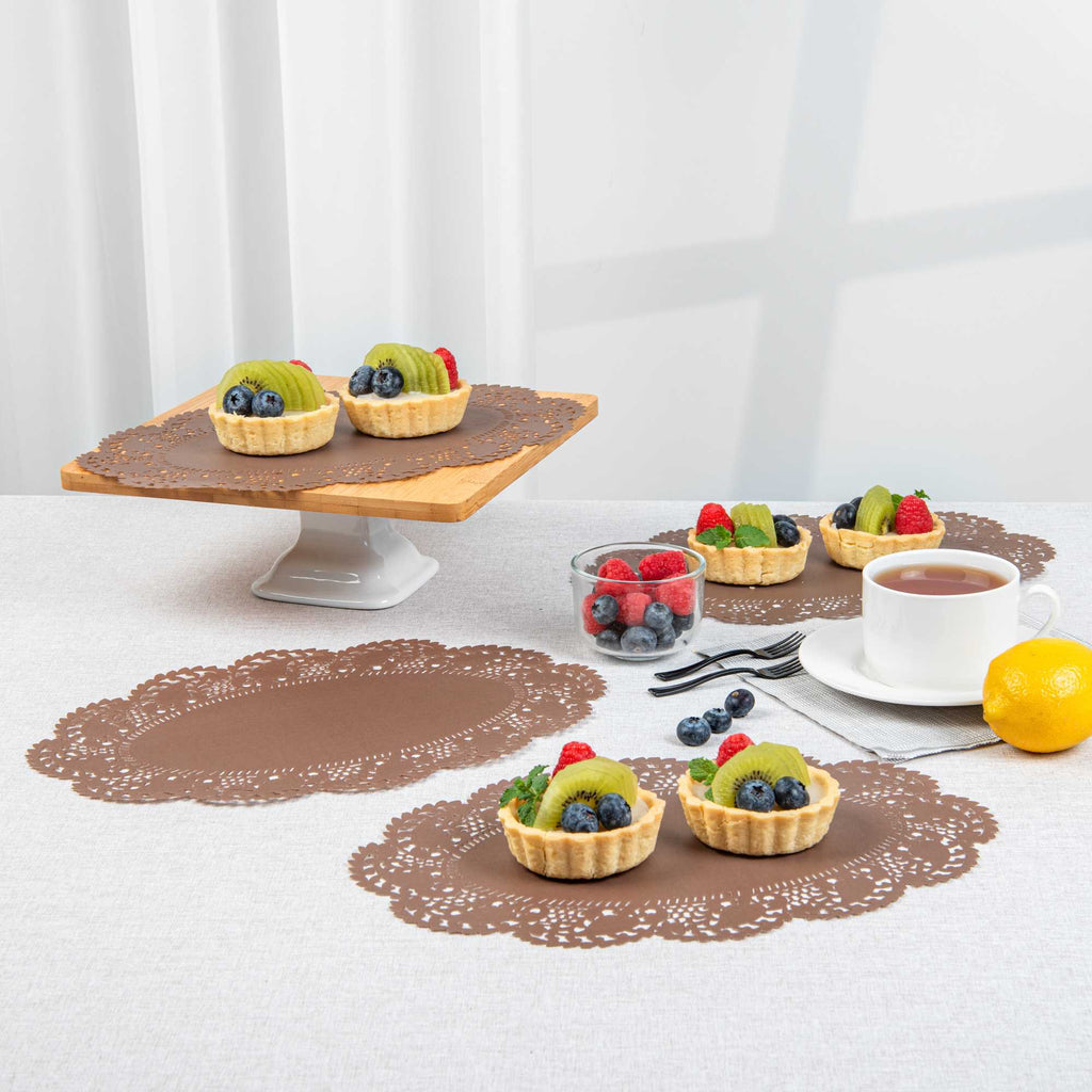 Pastry Tek Oval Brown Paper Doilies - Lace - 12 1/2" x 8 1/2" - 100 count box