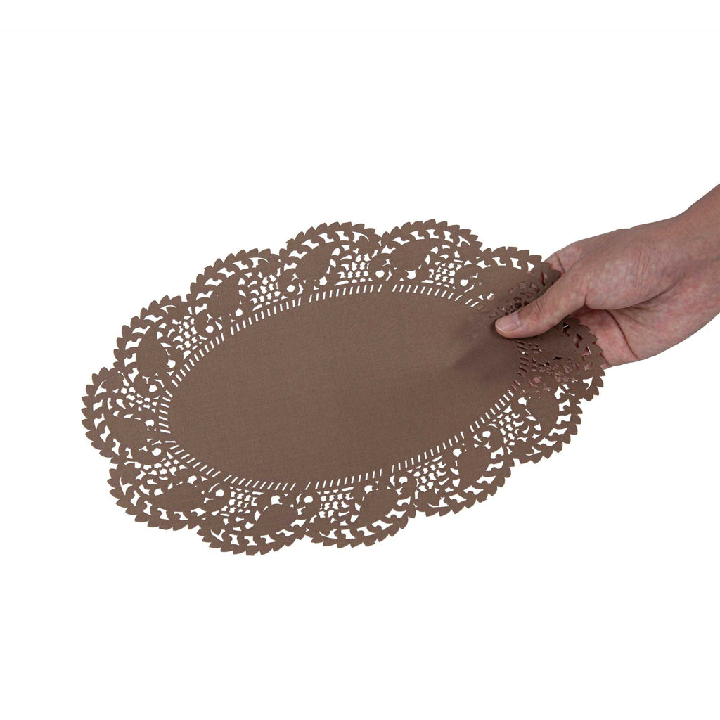 Pastry Tek Oval Brown Paper Doilies - Lace - 12 1/2" x 8 1/2" - 100 count box