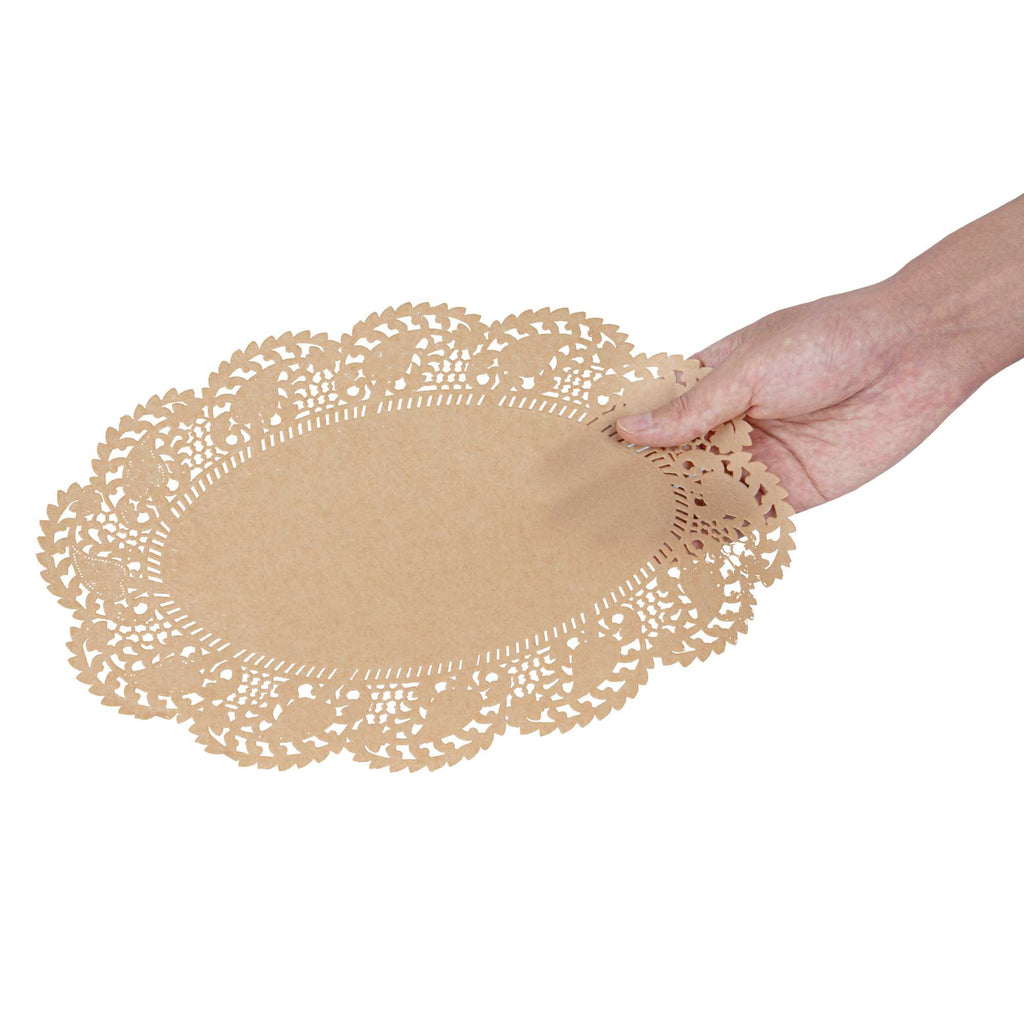 Pastry Tek Oval Kraft Paper Doilies - Lace - 12 1/2" x 8 1/2" - 100 count box