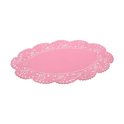 Pastry Tek Oval Pink Paper Doilies - Lace - 12 1/2" x 8 1/2" - 100 count box