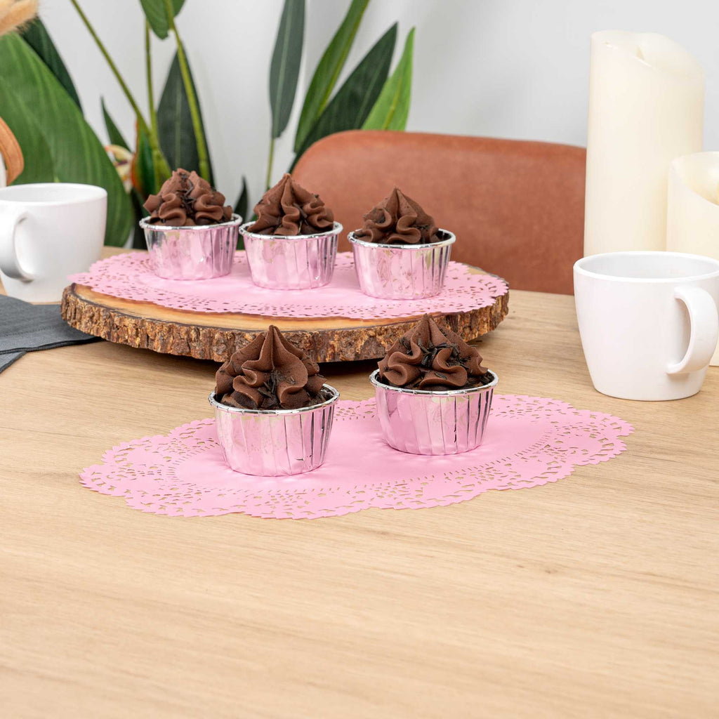 Pastry Tek Oval Pink Paper Doilies - Lace - 12 1/2" x 8 1/2" - 100 count box
