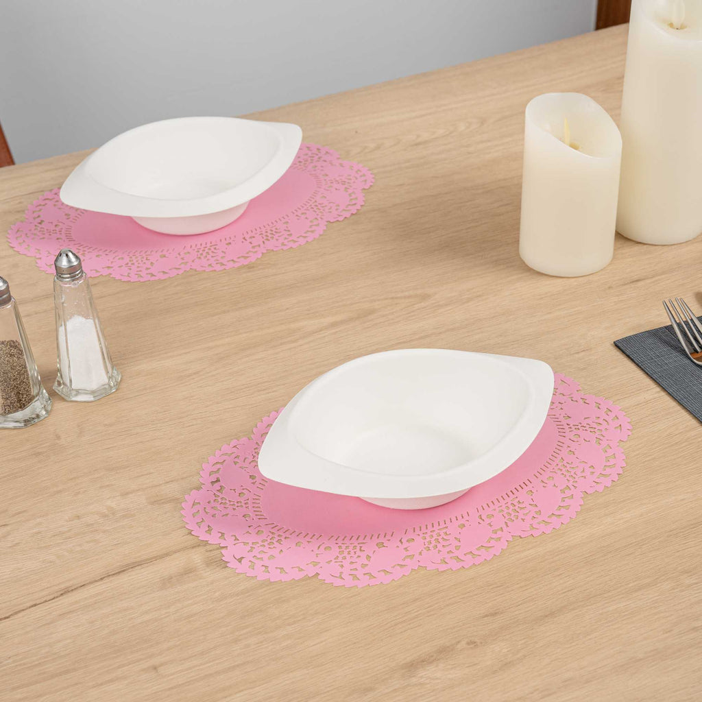 Pastry Tek Oval Pink Paper Doilies - Lace - 12 1/2" x 8 1/2" - 100 count box