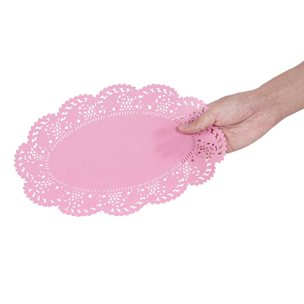 Pastry Tek Oval Pink Paper Doilies - Lace - 12 1/2" x 8 1/2" - 4000 count box