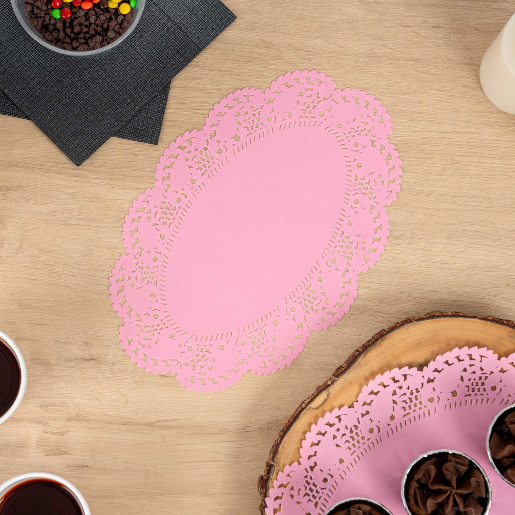 Pastry Tek Oval Pink Paper Doilies - Lace - 12 1/2" x 8 1/2" - 4000 count box