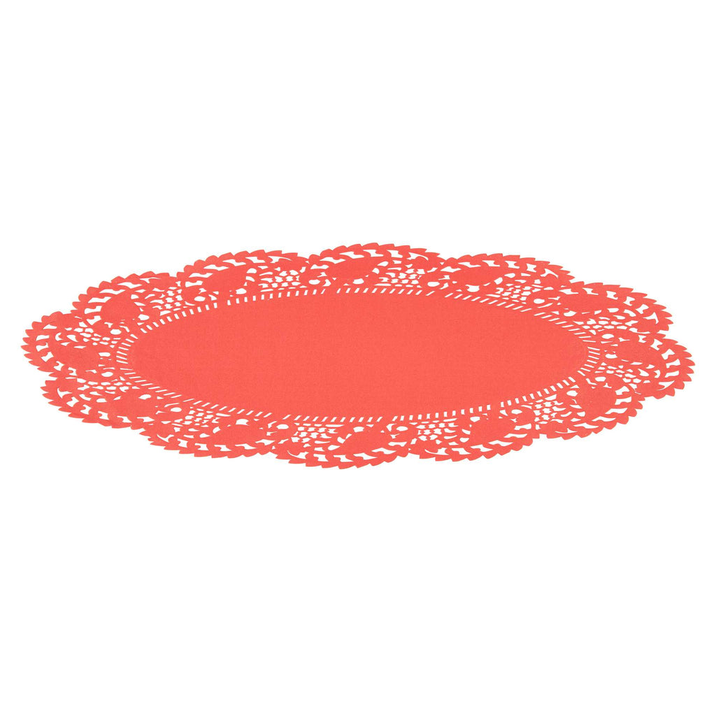 Pastry Tek Oval Red Paper Doilies - Lace - 12 1/2" x 8 1/2" - 100 count box