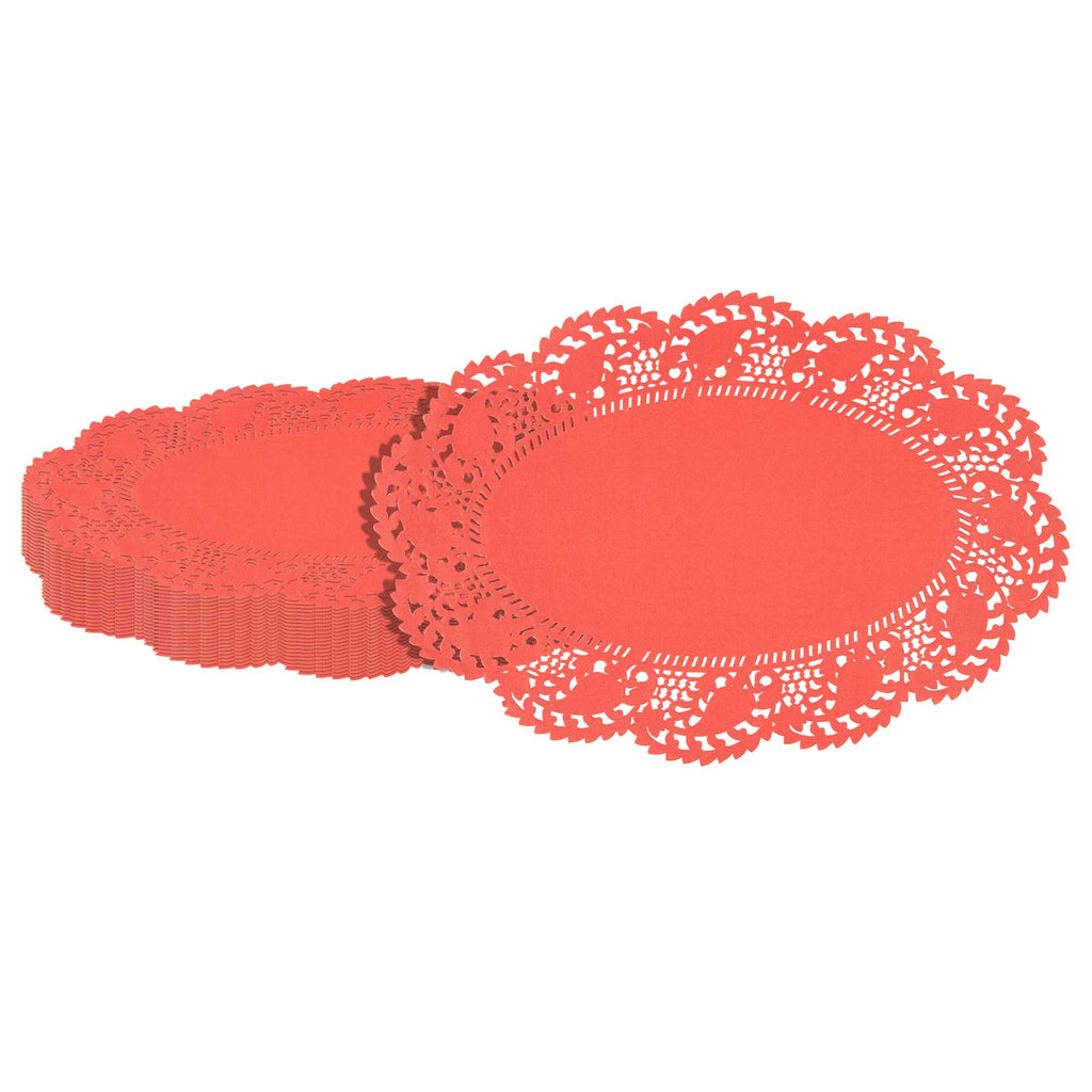 Pastry Tek Oval Red Paper Doilies - Lace - 12 1/2" x 8 1/2" - 100 count box