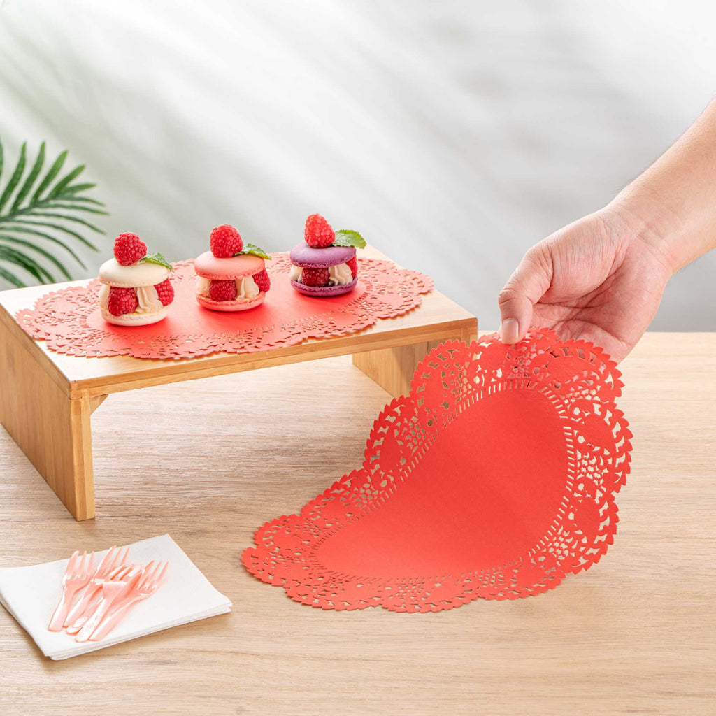 Pastry Tek Oval Red Paper Doilies - Lace - 12 1/2" x 8 1/2" - 4000 count box