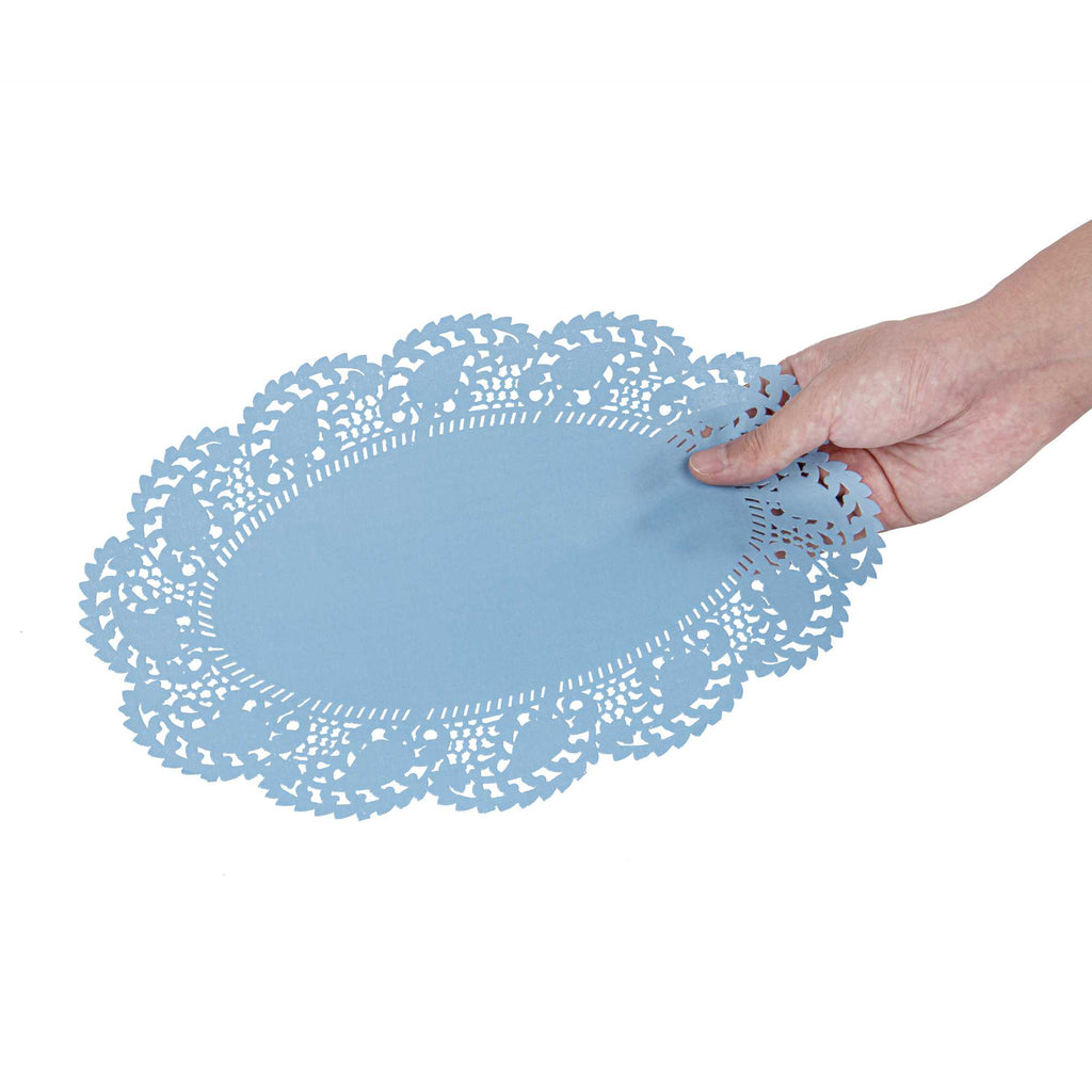 Pastry Tek Oval Sky Blue Paper Doilies - Lace - 12 1/2" x 8 1/2" - 100 count box