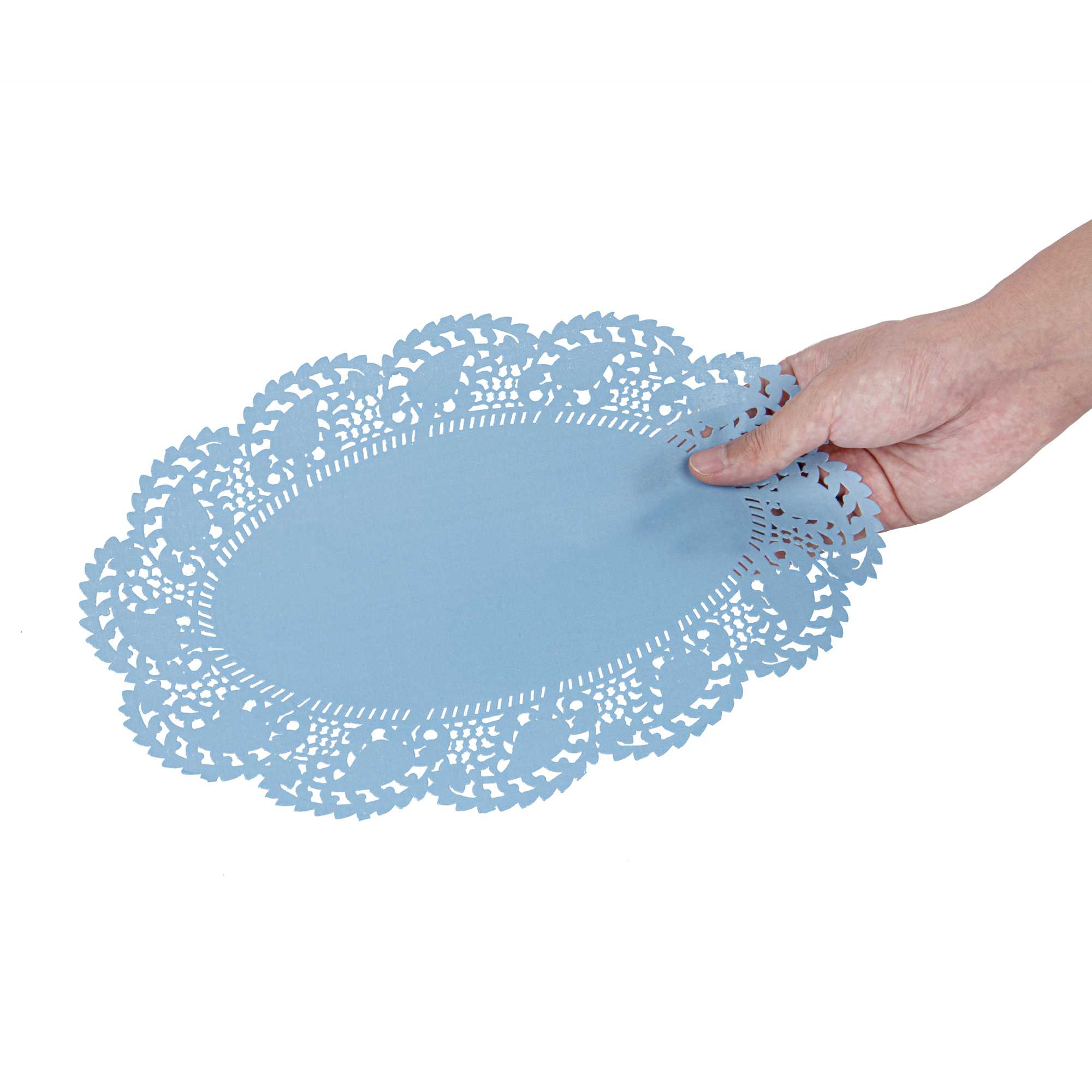 Pastry Tek Oval Sky Blue Paper Doilies - Lace - 12 1/2" x 8 1/2" - 100 count box