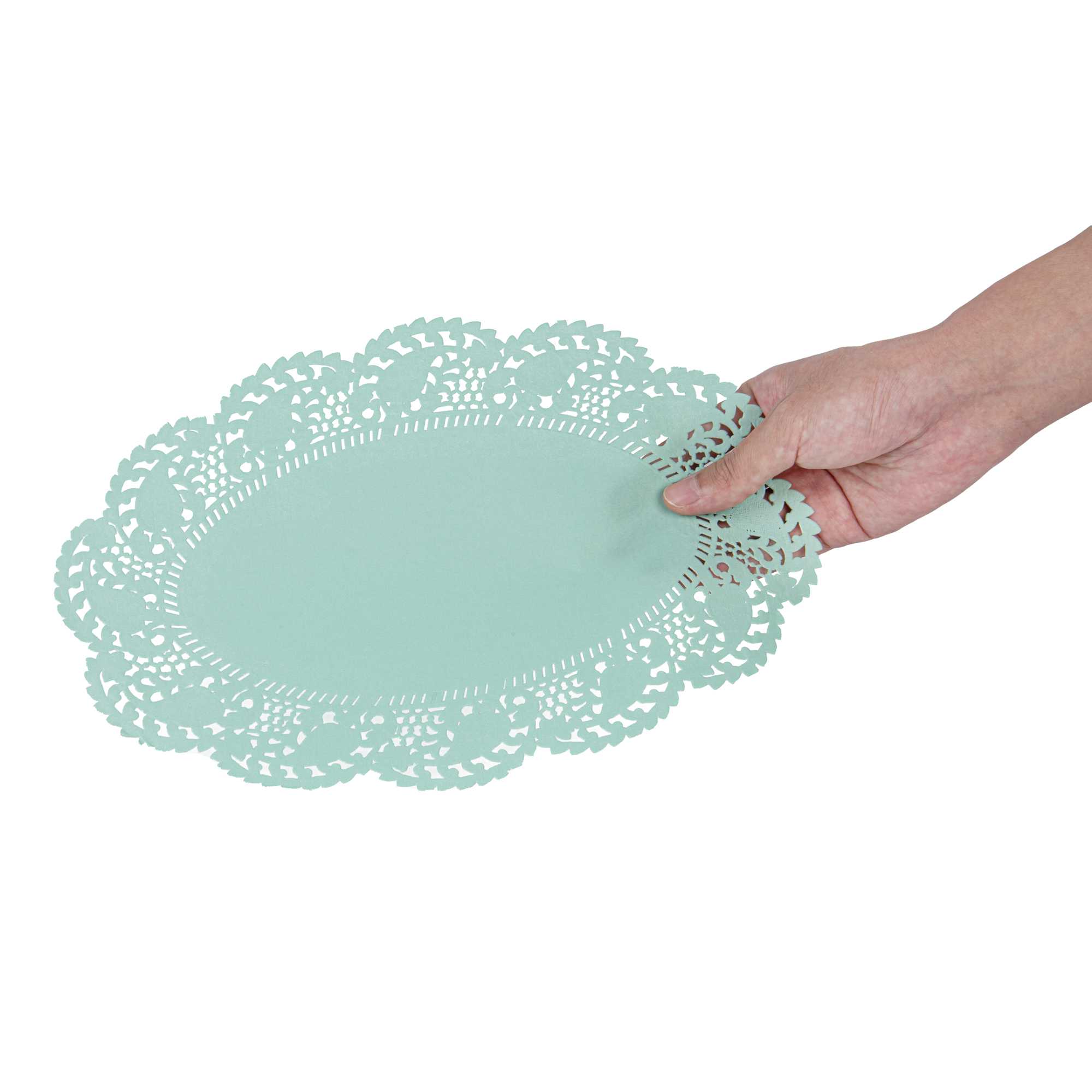 Pastry Tek Oval Teal Paper Doilies - Lace - 12 1/2" x 8 1/2" - 4000 count box