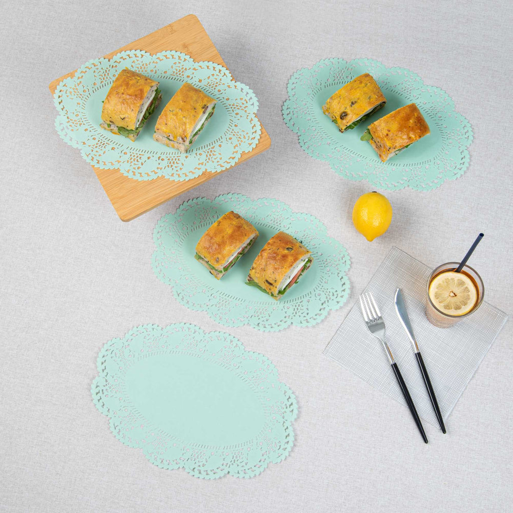 Pastry Tek Oval Teal Paper Doilies - Lace - 12 1/2" x 8 1/2" - 4000 count box
