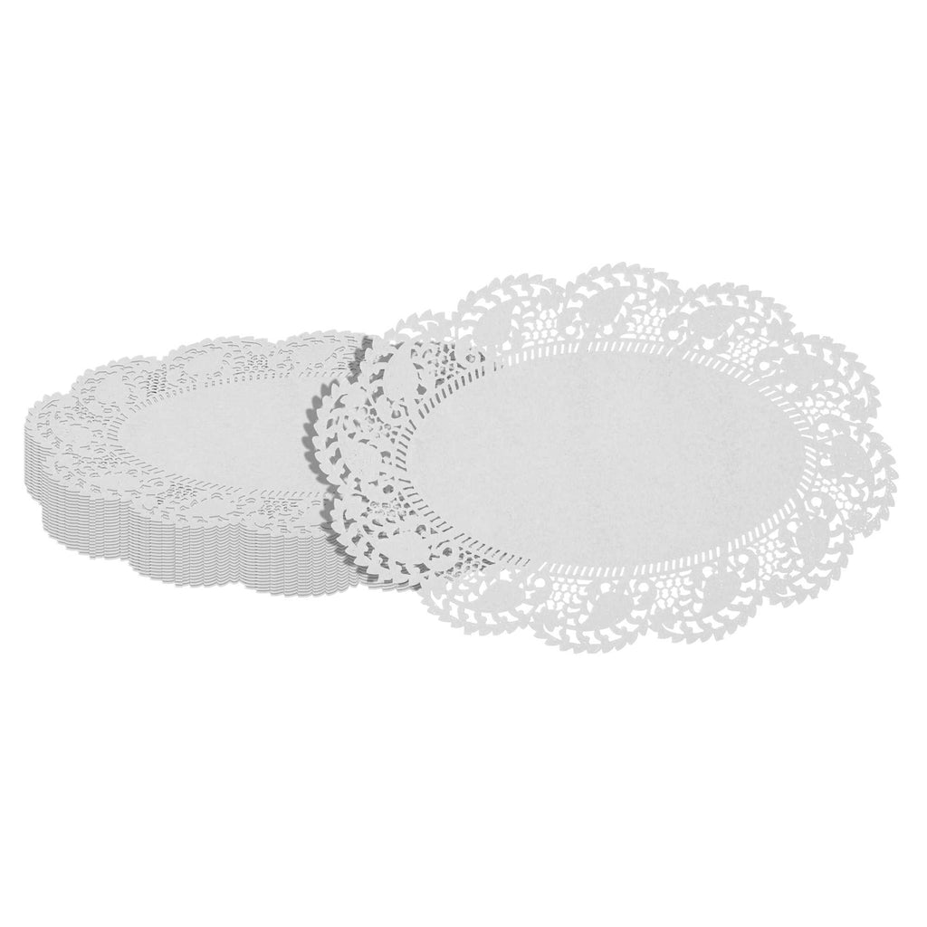 Pastry Tek Oval White Paper Doilies - Lace - 12 1/2" x 8 1/2" - 100 count box