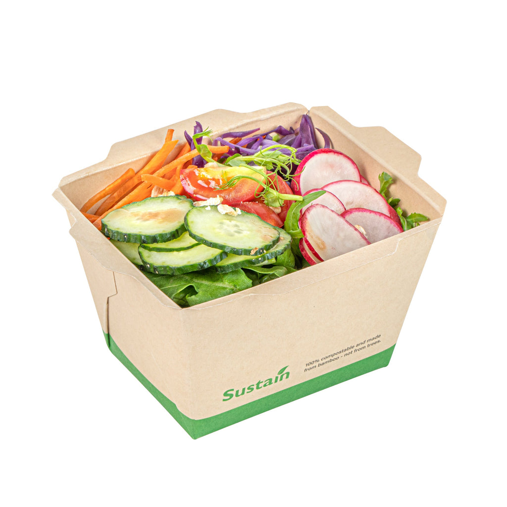 Sustain 17 oz Bamboo Paper Small Click Lock Container - with PLA Lining, Compostable - 4 1/4" x 3 1/4" x 2 3/4" - 50 count box