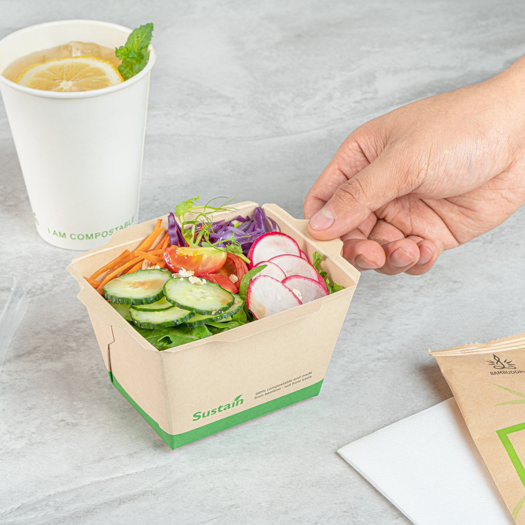 Sustain 17 oz Bamboo Paper Small Click Lock Container - with PLA Lining, Compostable - 4 1/4" x 3 1/4" x 2 3/4" - 50 count box