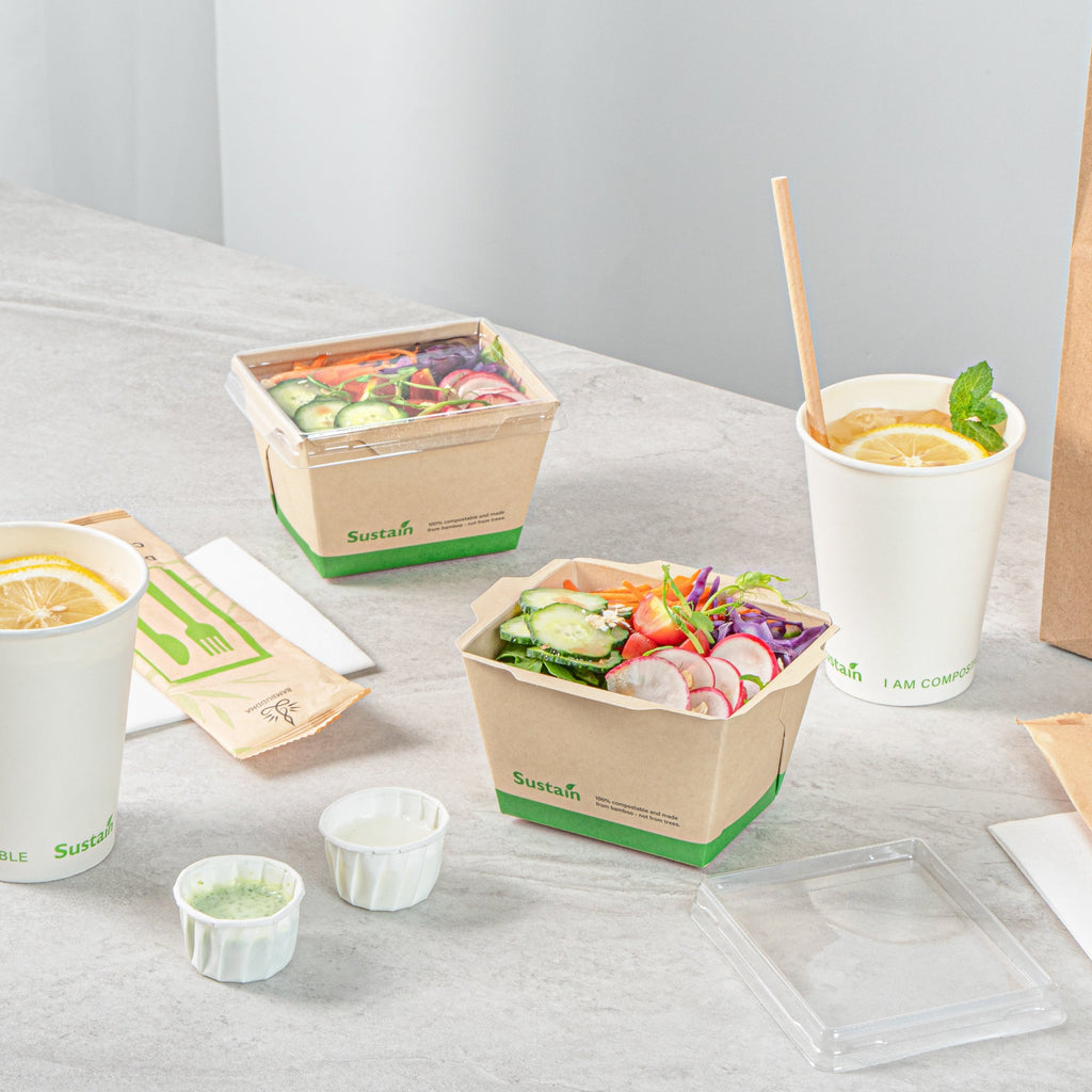 Sustain 17 oz Bamboo Paper Small Click Lock Container - with PLA Lining, Compostable - 4 1/4" x 3 1/4" x 2 3/4" - 200 count box