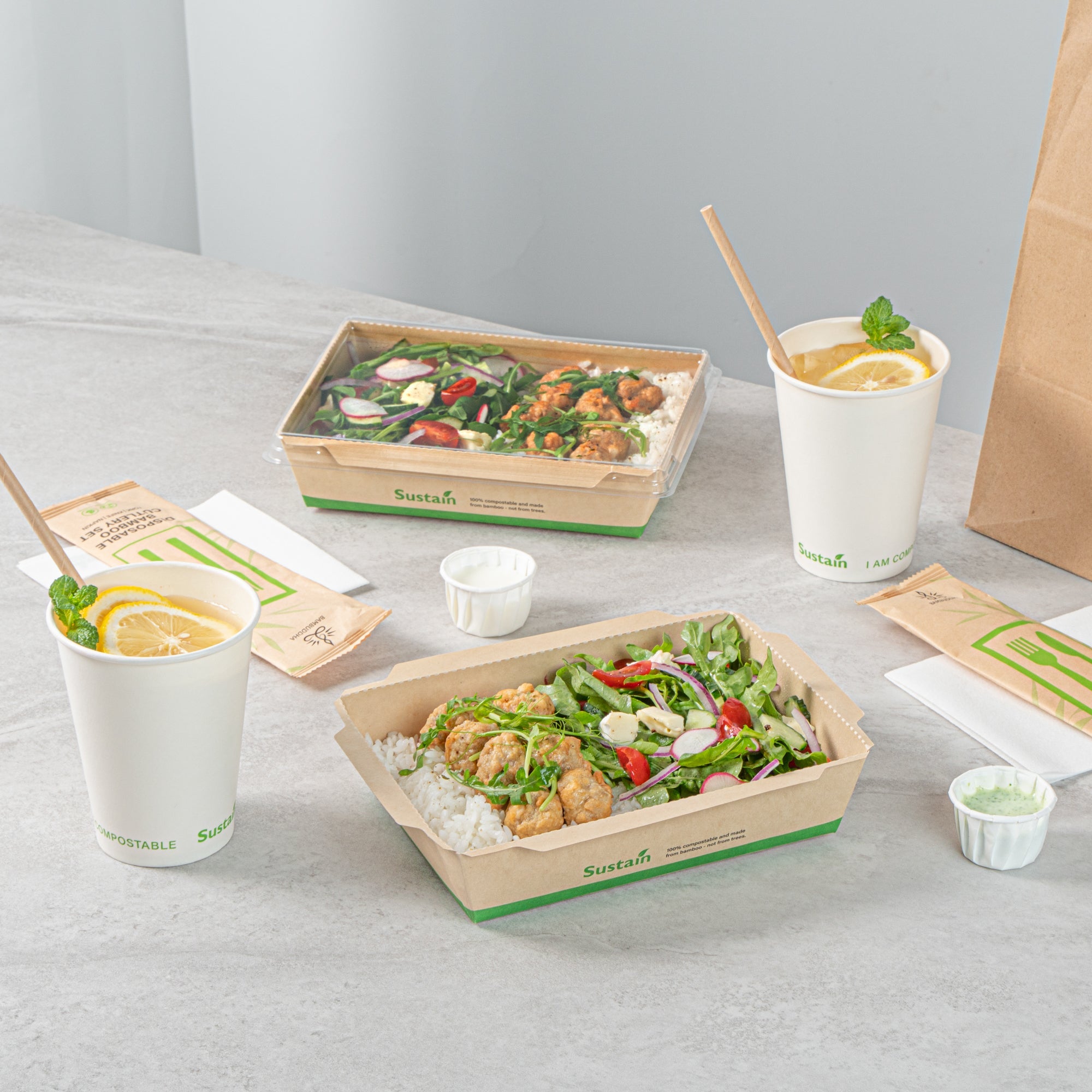Sustain 34 oz Bamboo Paper Medium Click Lock Container - with PLA Lining, Compostable - 7 1/2" x 5 1/2" x 1 3/4" - 200 count box