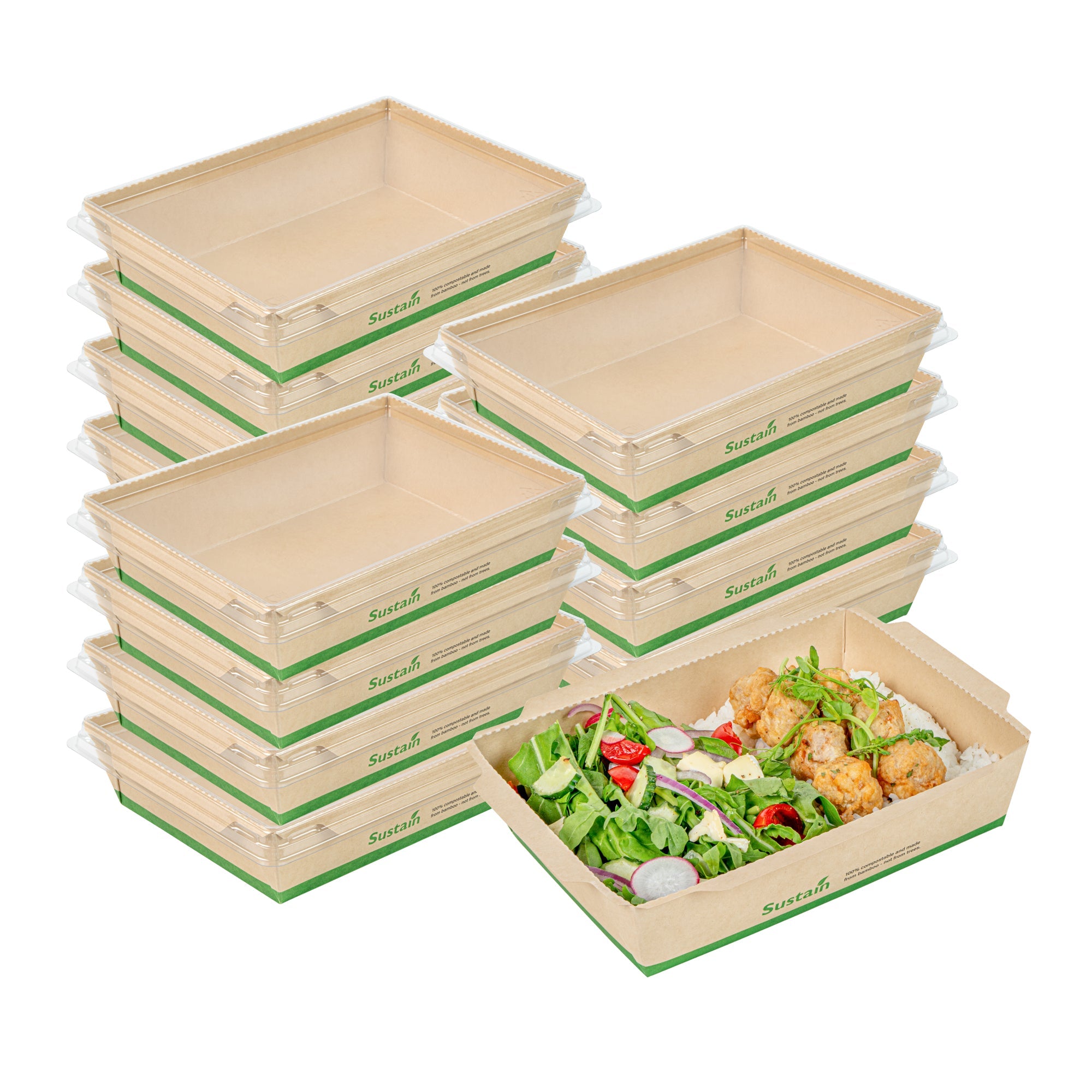 Sustain 34 oz Bamboo Paper Medium Click Lock Container - with PLA Lining, Compostable - 7 1/2" x 5 1/2" x 1 3/4" - 50 count box