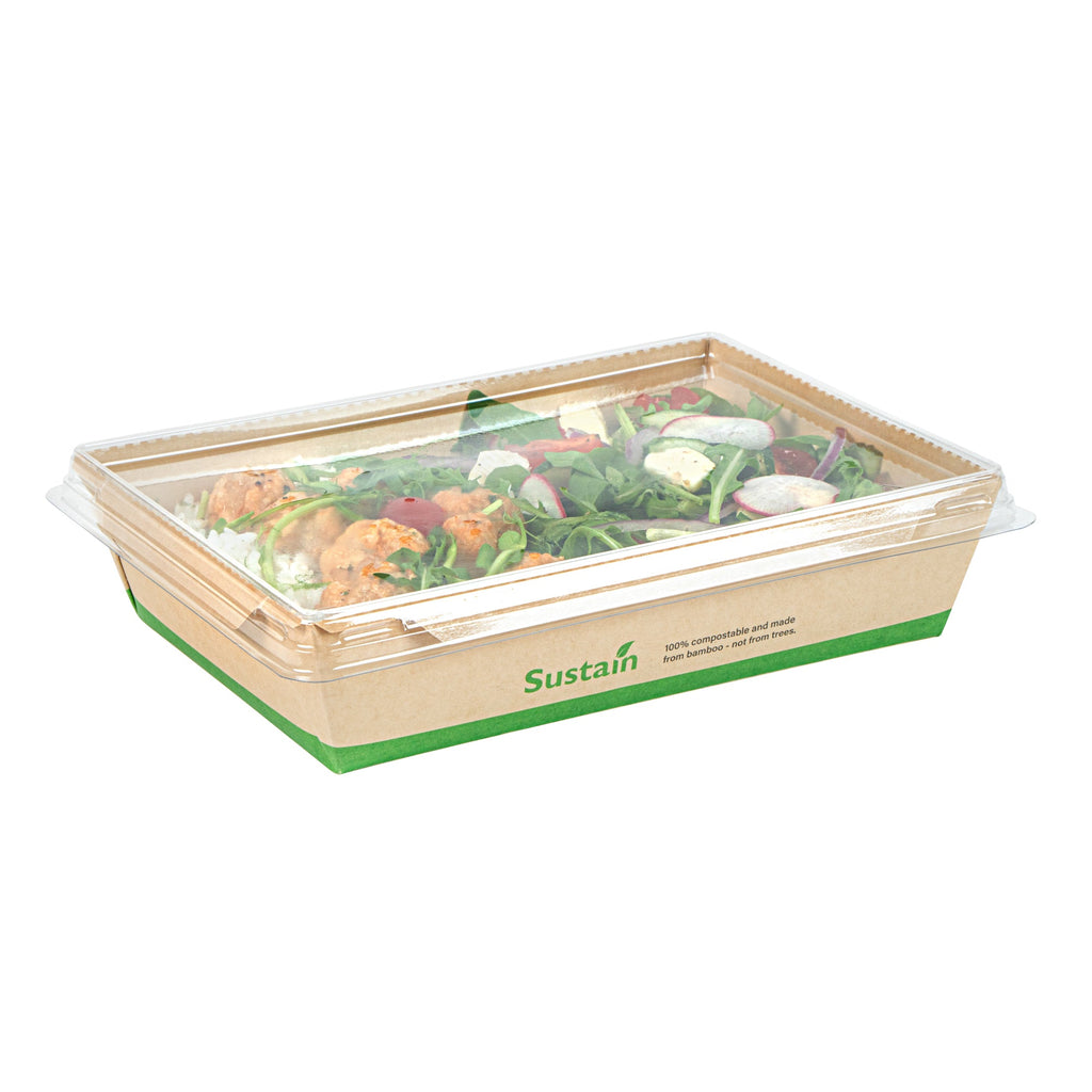 Sustain 34 oz Bamboo Paper Medium Click Lock Container - with PLA Lining, Compostable - 7 1/2" x 5 1/2" x 1 3/4" - 50 count box